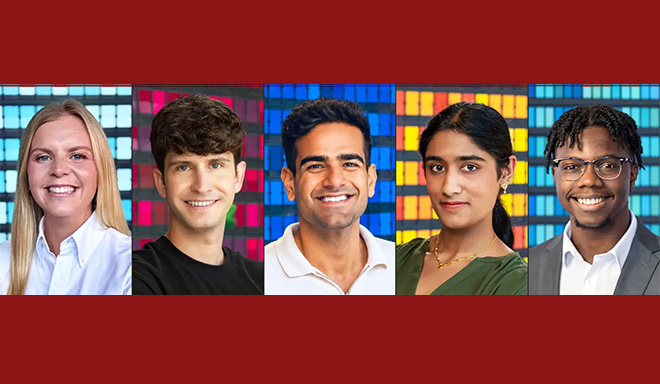 Siebel Scholars, from left: Cayla Davis, Philipp Gerber, Aakanxit Khullar, Amrita Palaparthi, Elijah Pierre