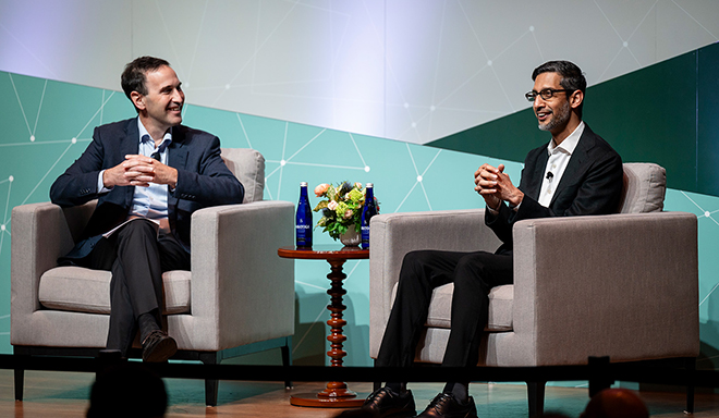 Stanford GSB Dean Jonathan Levin speaks with Google/Alphabet CEO Sundar Pichai at the BGS forum “Responsible Leadership in a Polarized World.”  | SF Photo Agency