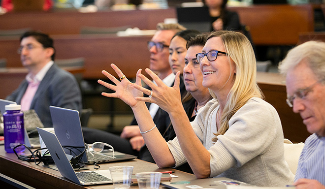 Heidi Patel, MBA ’04, at a GSB Impact Fund Investment Committee meeting in spring of 2024. | Saul Bromberger