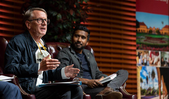 John Doerr, whose recent gift helped establish the new school of sustainability at Stanford, discussed his book Speed and Scale at Stanford GSB. | Saul Bromberger